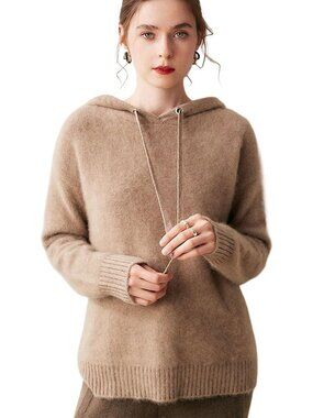 Cozy Cashmere-Wool Blend Long Sleeve Hoodie Pullover Sweater for Fall/Winter